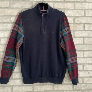 Tommy Hilfiger Navy Blue sweater 3/4 zip Plaid Sleeves size L